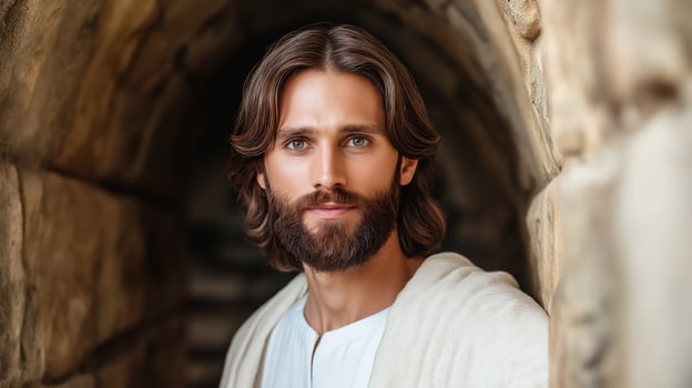 Jesus standing in a tunnel with his eyes closed photo