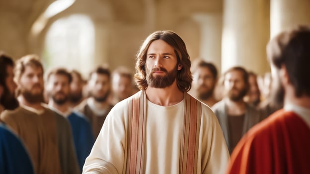 Jesus is standing in front of a crowd of people photo