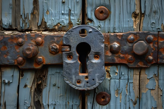 Weathered Wooden Door with Rusty Lock Close-Up - Antique, Rustic, Textured Background for Design photo