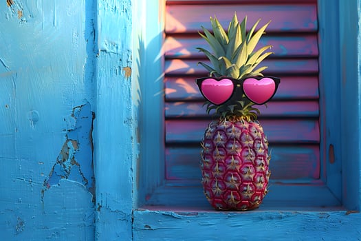 Summer Fun Pineapple with Heart-Shaped Sunglasses on Vibrant Blue Background - Perfect for Tropical Designs photo
