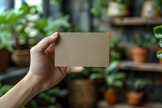 Hand Holding Blank Card in Indoor Plant Nursery Environment - Perfect for Design, Print, Cards, or Posters photo