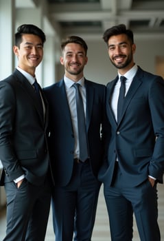 Racial diversity of businessmen, in suits standing together in a modern office environment, representing teamwork, and professional success. photo