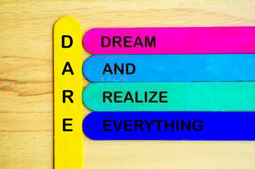 Dare represent Dream And Realize Everything text on multicolored sticks. Daring concept photo