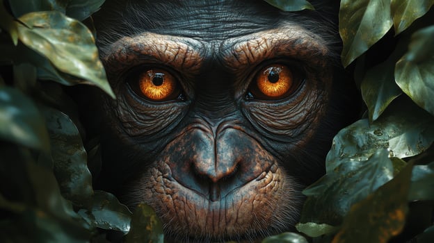Close-Up of a Chimpanzee's Face with Intense Orange Eyes Peering Through Lush Green Foliage in a Jungle Setting photo