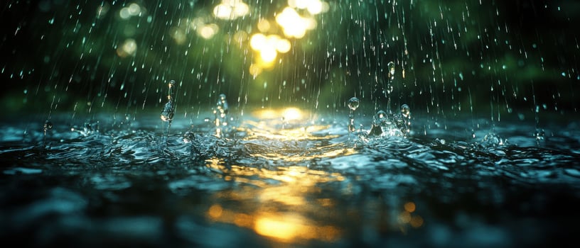 Close-up of Raindrops Splashing on Water Surface with Sunlight Reflections in a Lush Green Environment photo