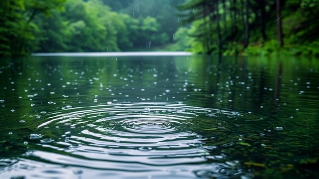 Raindrops creating ripples on lake surface photo