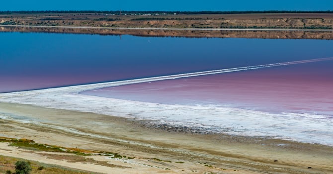 Salty Kuyalnik estuary with flowering water, Artemia salina and Dunaliella salina in the water. Self-settling salt sodium chloride photo