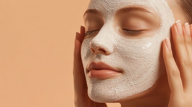 Woman with closed eyes applying a facial mask, enjoying a pampering skincare routine and beauty treatment for a healthy complexion. photo