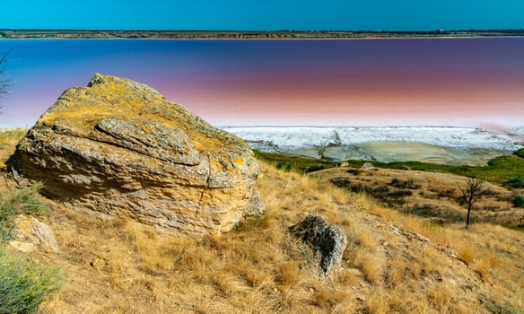 Natural landscape of the south of Ukraine, View of the drying Kuyalnitsky estuary with rose water, in which Artemia salina and Dunaliella algae live photo