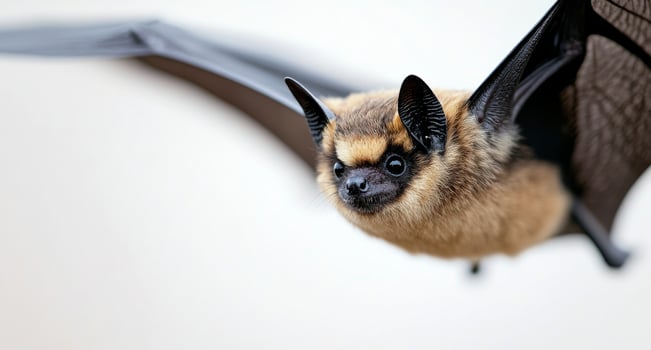 A close-up of a small bat with distinctive fur and extended wings on a white backdrop photo