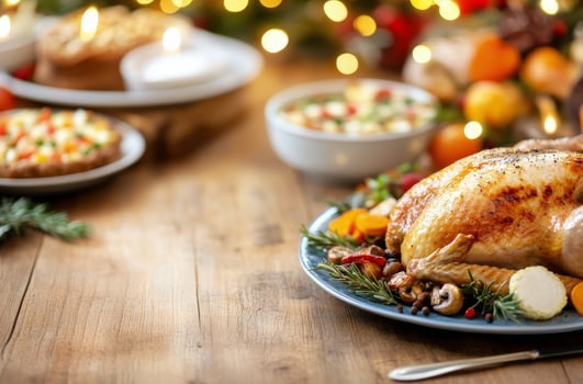 Roasted turkey centerpiece with fresh vegetables and side dishes on a wooden table photo