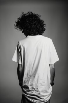 Curly-haired young man in a white t-shirt poses on dark background photo