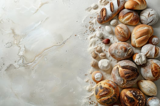 Freshly baked artisan bread arranged on a light marble surface photo