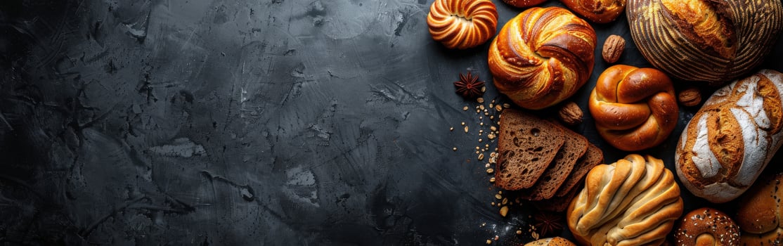 Freshly baked bread assortment on a dark surface with empty space photo