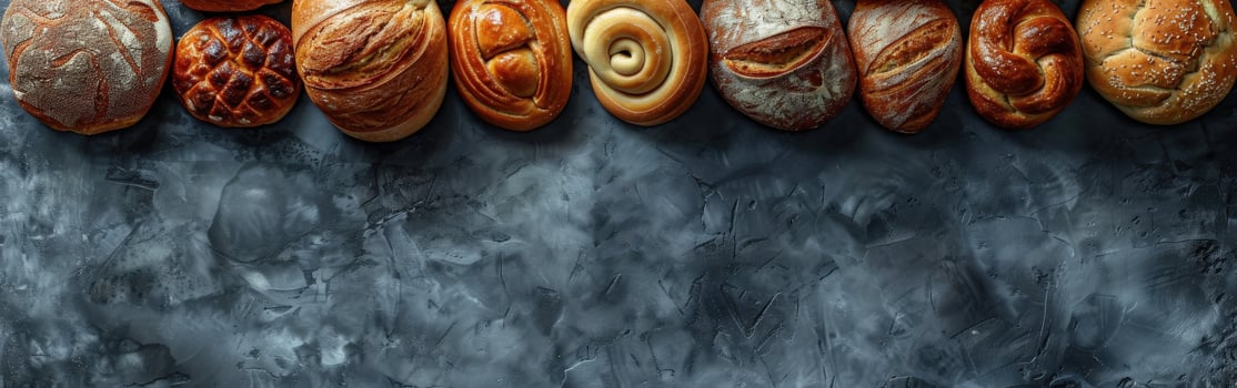 Freshly baked artisan bread on a dark countertop with copy space photo