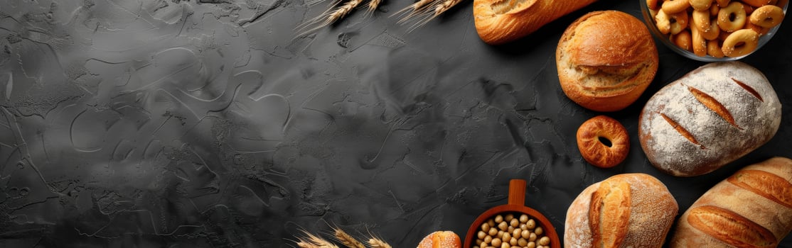 Freshly baked bread assortment with rustic ingredients on a dark background photo