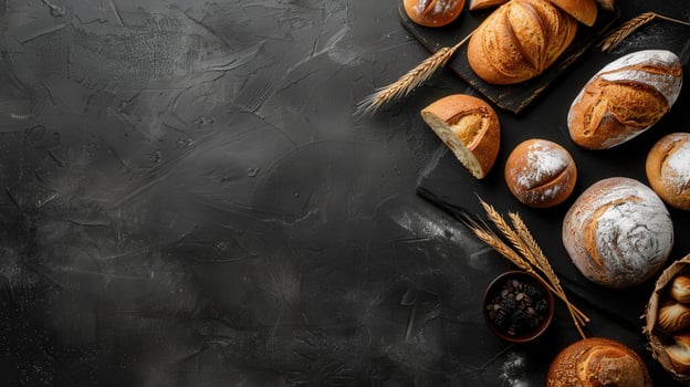 Freshly baked bread variety on a rustic table with copy space photo