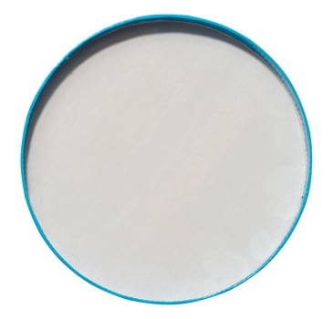 Round paper white lid with blue border on isolated background, top view photo
