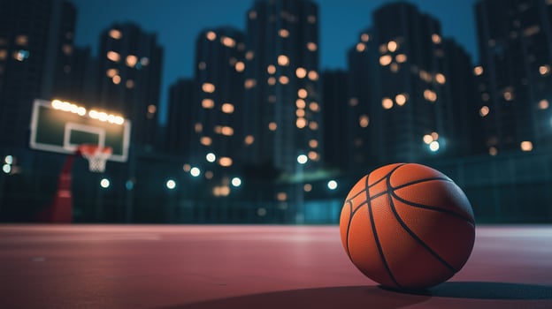 A basketball on an outdoor court with city lights photo