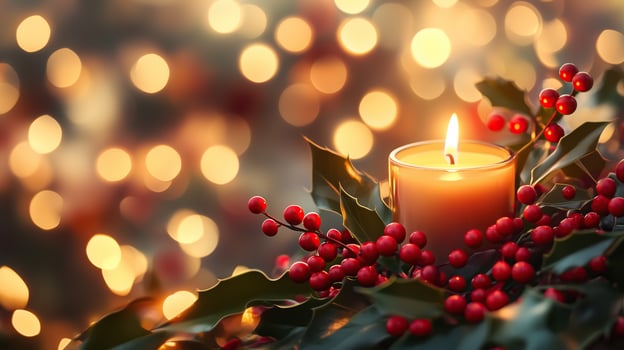 A festive arrangement of holly berries and a candle photo