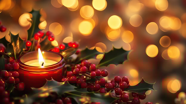 A festive arrangement of holly berries and a candle photo
