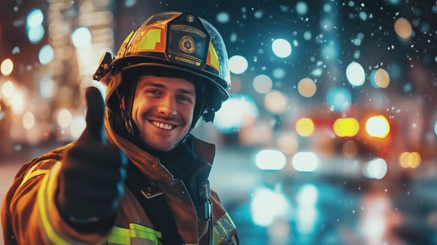 A cheerful firefighter in full gear giving a thumbs up photo