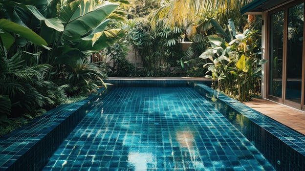 A tranquil blue tiled pool surrounded by lush tropical greenery photo