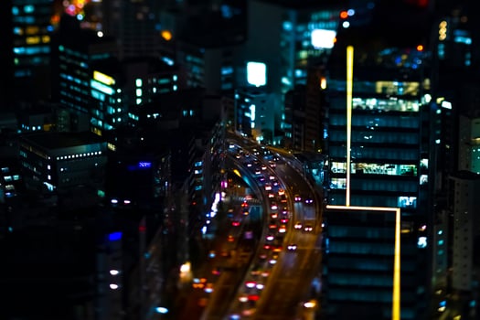A night miniature highway at the urban city in Tokyo high angle tiltshit photo