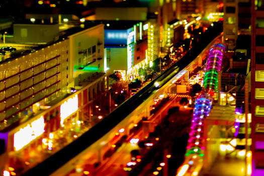 A night railway at the urban city high angle tiltshift photo