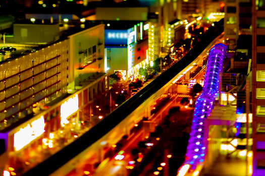 A night railway at the urban city high angle tiltshift photo