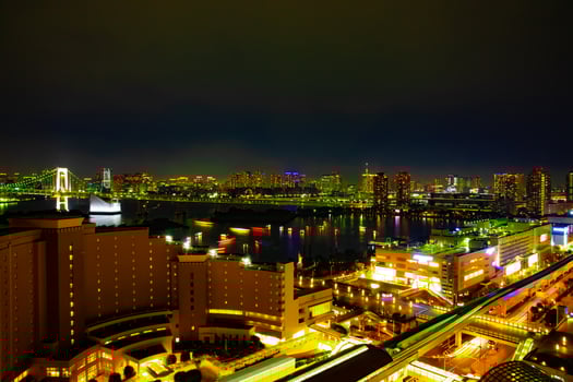 A dusk of bay area at the urban city in Ariake Tokyo high angle wide shot photo