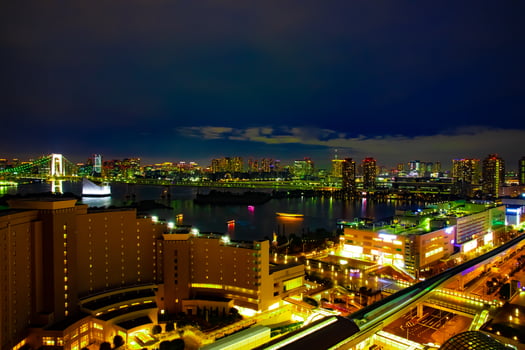 A dusk of bay area at the urban city in Ariake Tokyo high angle wide shot photo