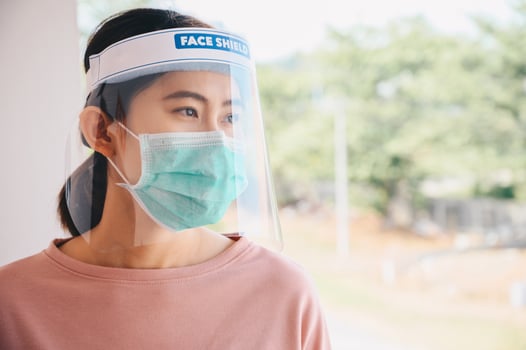 Asian woman wearing mask and face shield before going outside her room for prevent and protection covid-19 virus disease. Conceptual of new normal lifestyle after Covid-19 pandemic outbreak. photo