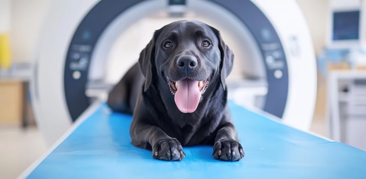 A happy black dog relaxing on a table in a veterinary clinic, ready for a medical scan demonstrating advanced animal care. photo