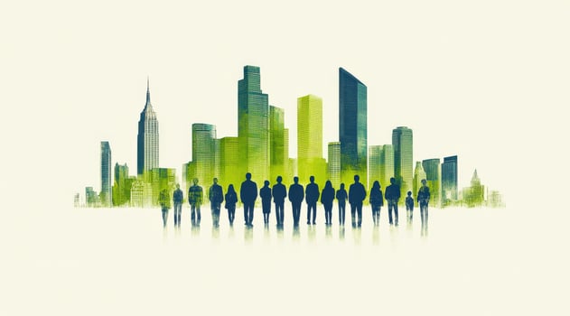 A stylized silhouette of people standing against a modern city skyline, showcasing urban life and community in vibrant colors. photo