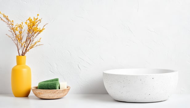 A minimalist scene featuring a white bowl, yellow vase, and decorative elements for a serene home decor. photo