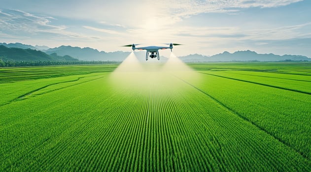 Drone spraying crops in a lush green field under a clear sky, demonstrating modern agriculture technology and innovation. photo