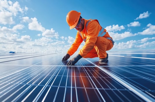 A technician in an orange suit installs solar panels under a bright blue sky, promoting renewable energy and sustainability. photo