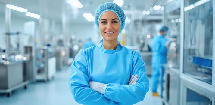 A confident female healthcare worker in a blue uniform smiles, standing in a modern medical facility with advanced equipment. photo
