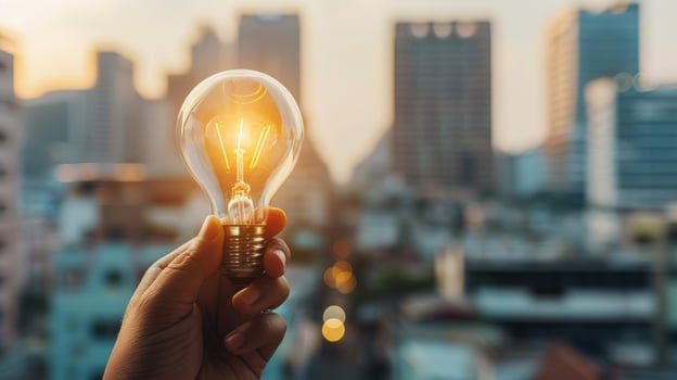 Entrepreneur Holding Shining Light Bulb with City Skyline, Innovation, Business Growth. Illustration photo
