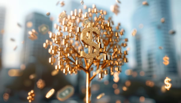 Golden Tree with Dollar Sign Leaves Growing in Urban Environment, Wealth, Financial Growth. Illustration photo