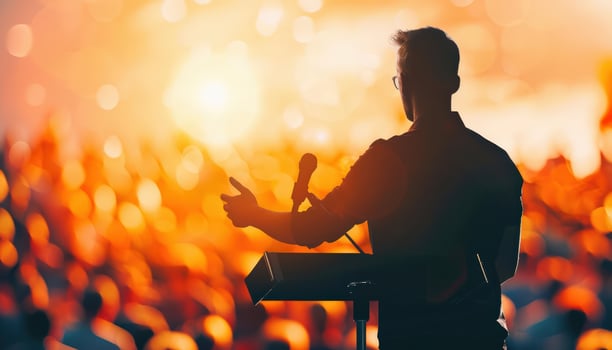 Silhouette of a leader speaking at a podium with abstract audience, influence, leadership communication. Illustration photo