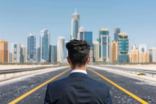 Businessperson looking at a road leading to a city with growing skyscrapers, vision, longterm business growth. Illustration photo