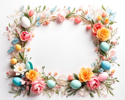 Frame made of beautiful flowers and easter eggs on white background, flat lay. Space for text , Easter day concept photo