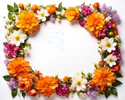 Frame made of beautiful flowers and leaves on white background , top view photo