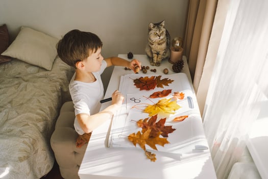 Boy Engaged in Creative Leaf Art Activity at Home with cat photo