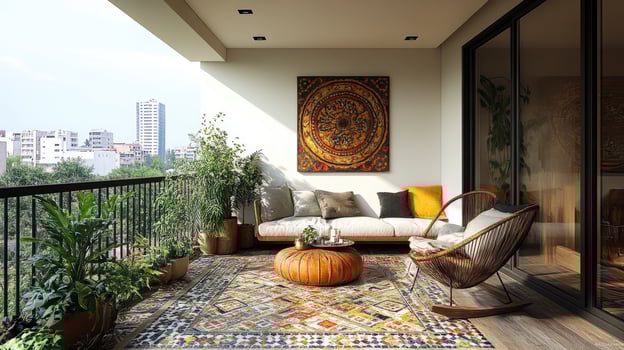 Modern chic balcony design featuring lush greenery and vibrant tile photo