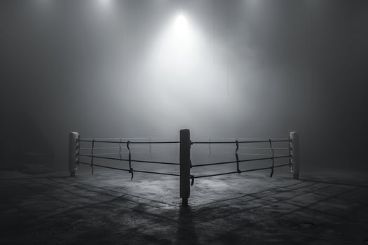 A dimly lit boxing ring surrounded by katanas against a dark background. Generated by artificial intelligence photo