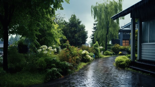 A brick path leading to a house with a weeping willow tree in the background. It is raining and the ground is wet. photo