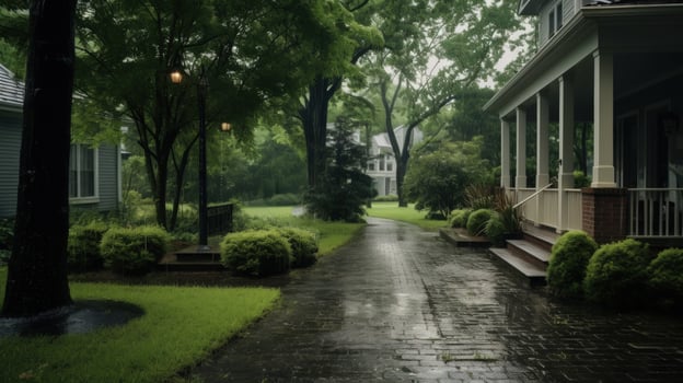 A brick path leading to a white house with a porch and columns, surrounded by lush green foliage and trees in a rainy setting. photo